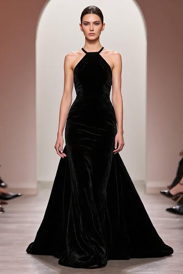 Black Velvet A Line Halter Long Evening Dress